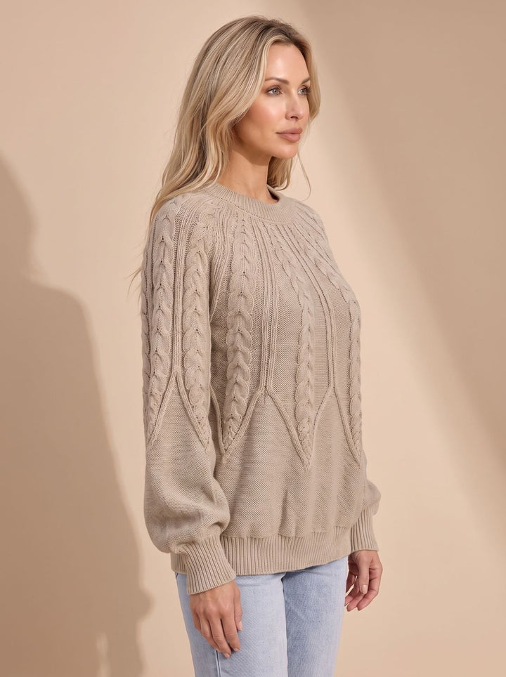 Damen Zopfmuster-Strickpullover mit Rundhalsausschnitt und Ballonärmeln
