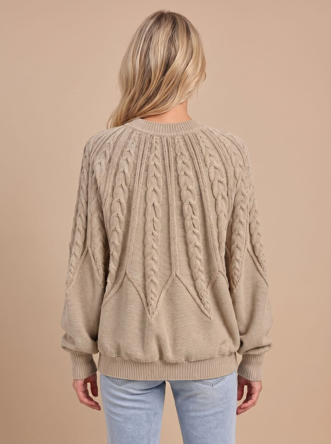 Damen Zopfmuster-Strickpullover mit Rundhalsausschnitt und Ballonärmeln