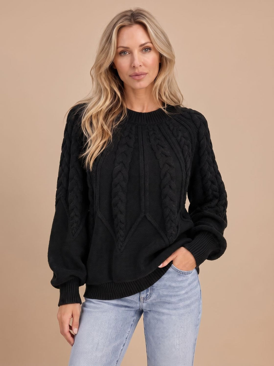 Damen Zopfmuster-Strickpullover mit Rundhalsausschnitt und Ballonärmeln - Schwarz
