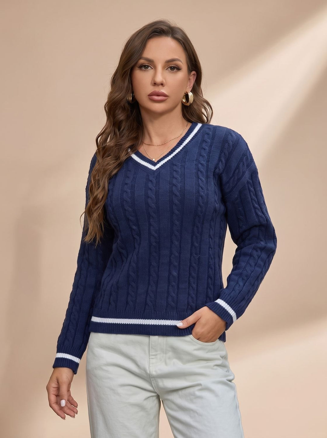 Damen Zopfmuster V-Ausschnitt Pullover mit Streifendetails