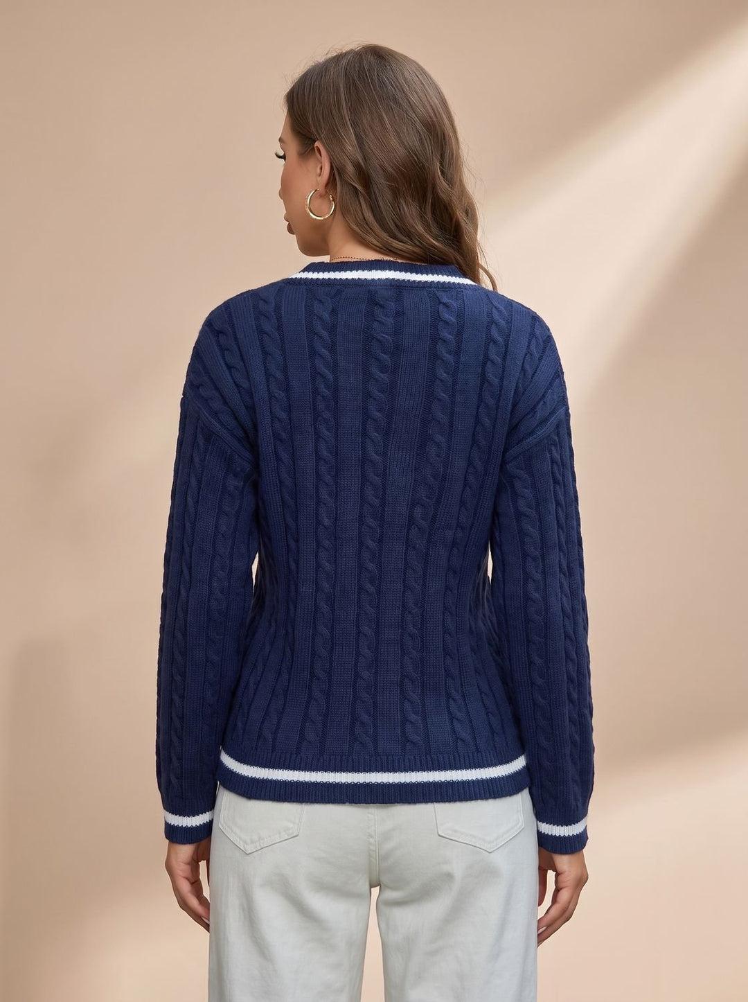 Damen Zopfmuster V-Ausschnitt Pullover mit Streifendetails