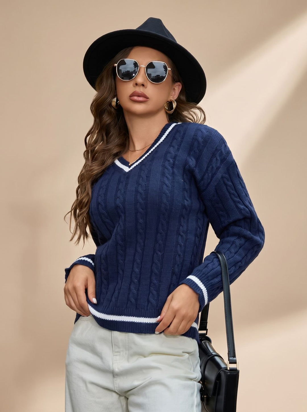 Damen Zopfmuster V-Ausschnitt Pullover mit Streifendetails