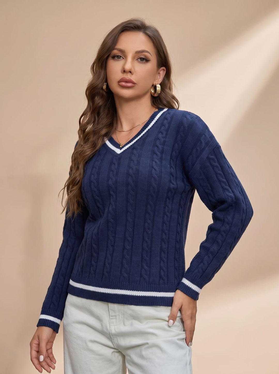 Damen Zopfmuster V-Ausschnitt Pullover mit Streifendetails