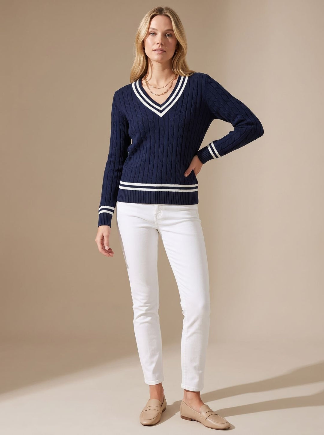 Damen Zopfmuster V-Ausschnitt Strickpullover mit Streifenbesatz - Marineblau