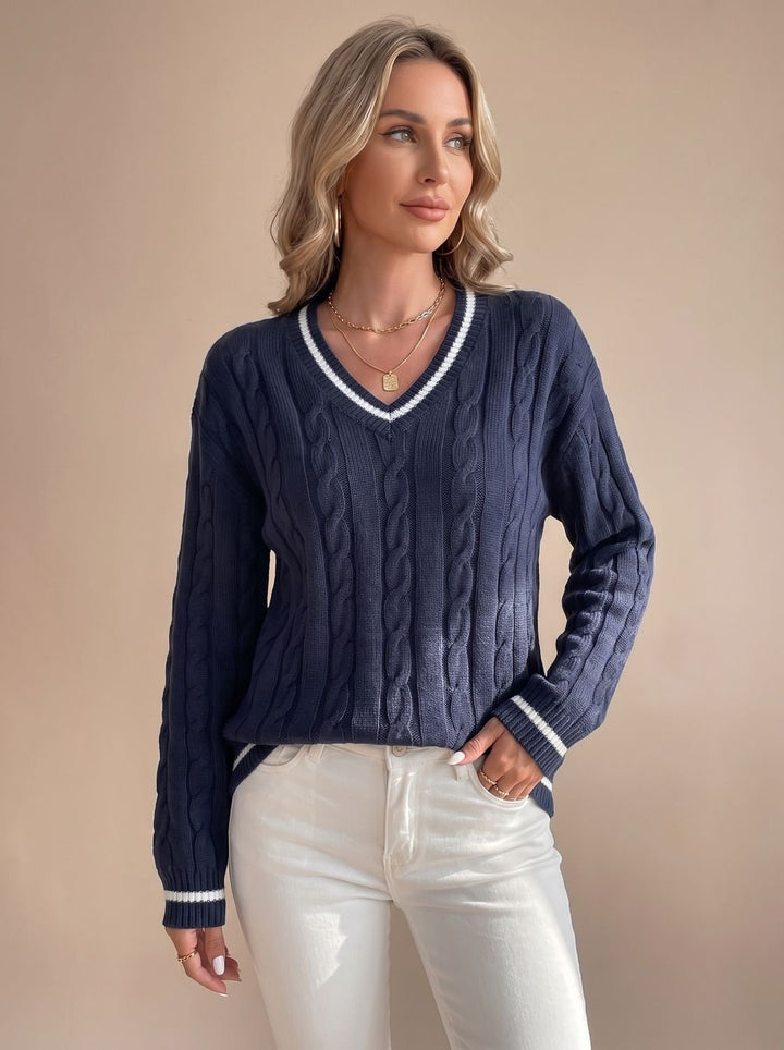 Damen Zopfmuster V-Ausschnitt Strickpullover mit Streifenbesatz