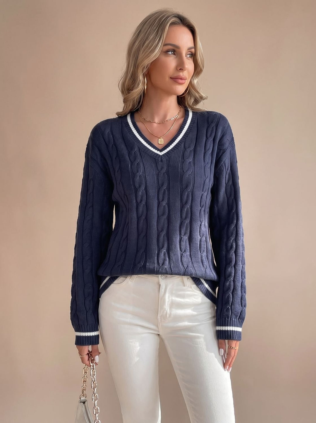 Damen Zopfmuster V-Ausschnitt Strickpullover mit Streifenbesatz
