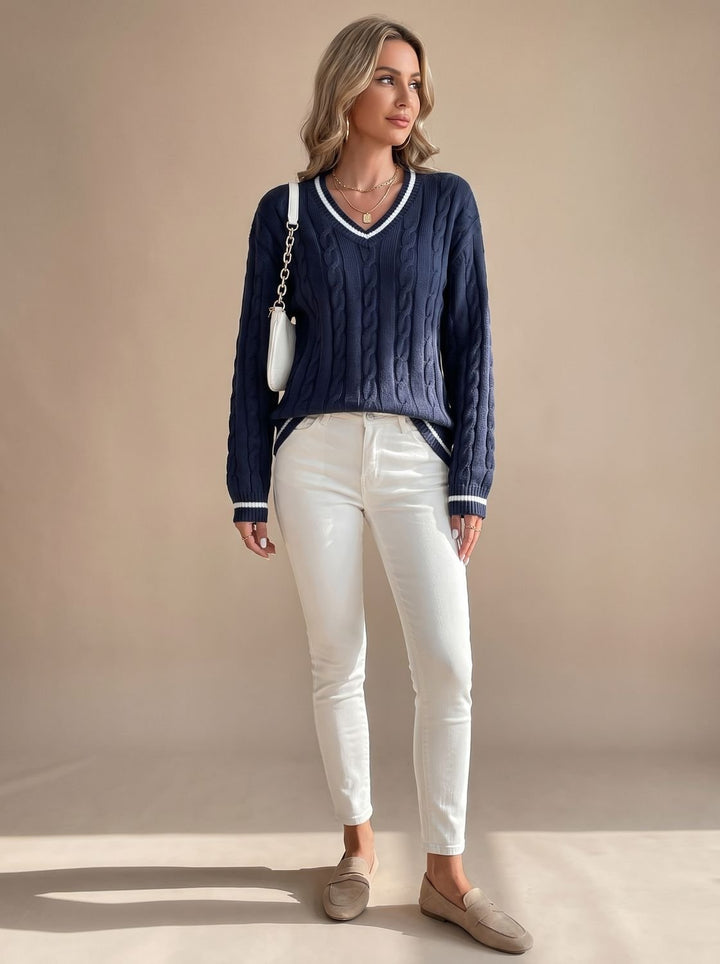 Damen Zopfmuster V-Ausschnitt Strickpullover mit Streifenbesatz