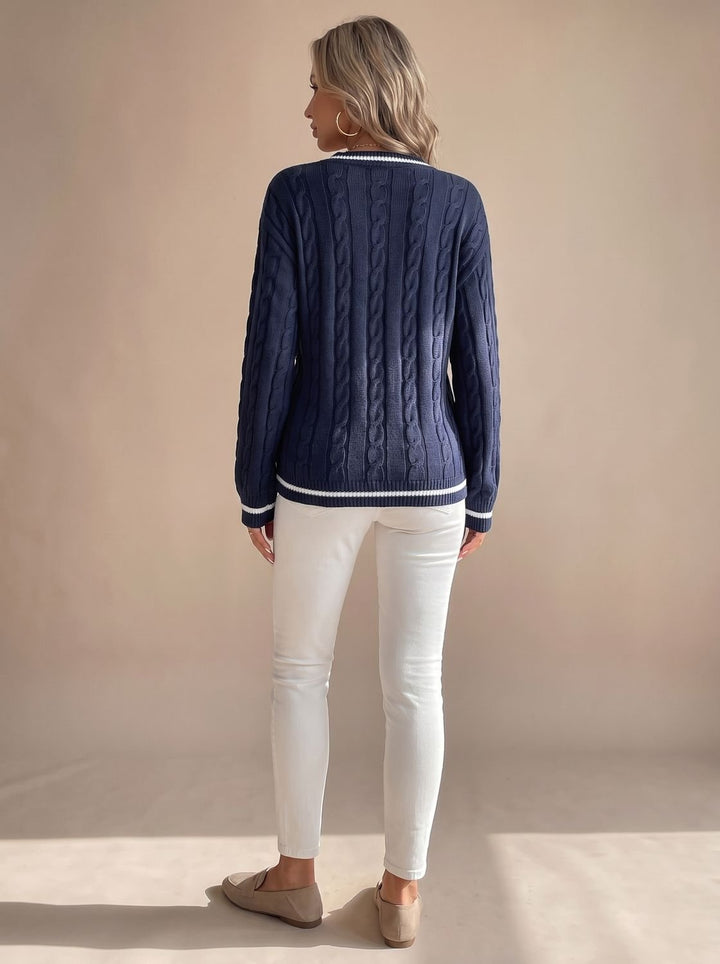 Damen Zopfmuster V-Ausschnitt Strickpullover mit Streifenbesatz