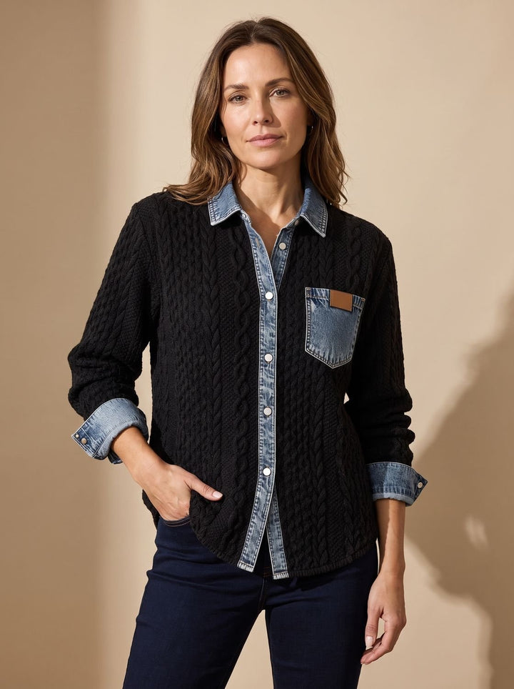 Damen Zopfstrick-Overshirt mit Denim-Kragen und Knopfleiste - Schwarz