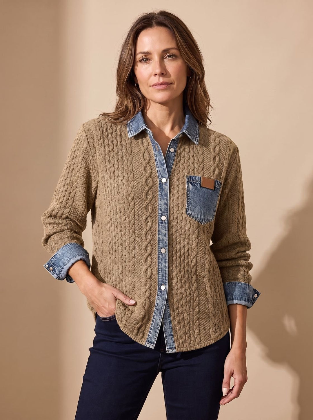 Damen Zopfstrick-Overshirt mit Denim-Kragen und Knopfleiste - Kamelbraun