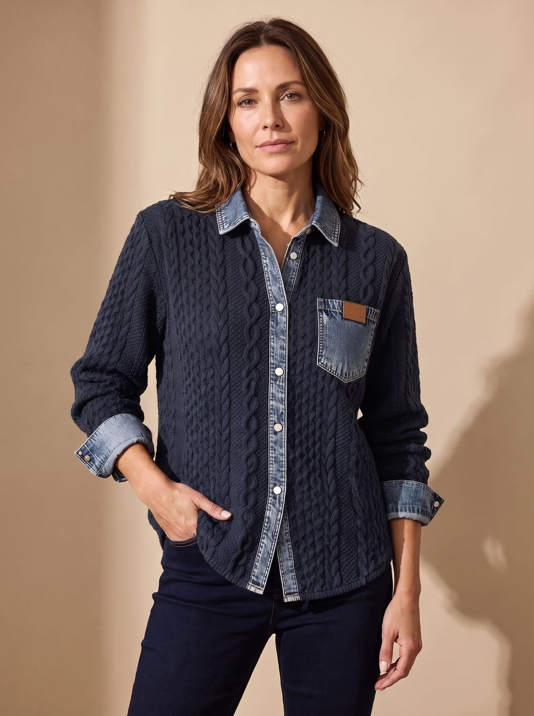Damen Zopfstrick-Overshirt mit Denim-Kragen und Knopfleiste - Marineblau