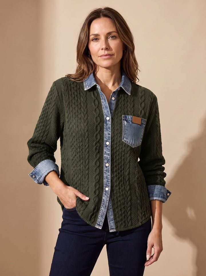 Damen Zopfstrick-Overshirt mit Denim-Kragen und Knopfleiste - Armeegrün