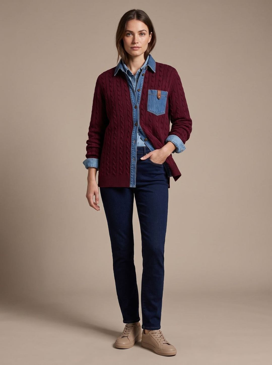 Damen Zopfstrick-Overshirt mit Denim-Kragen und Knopfleiste - Burgunderrot