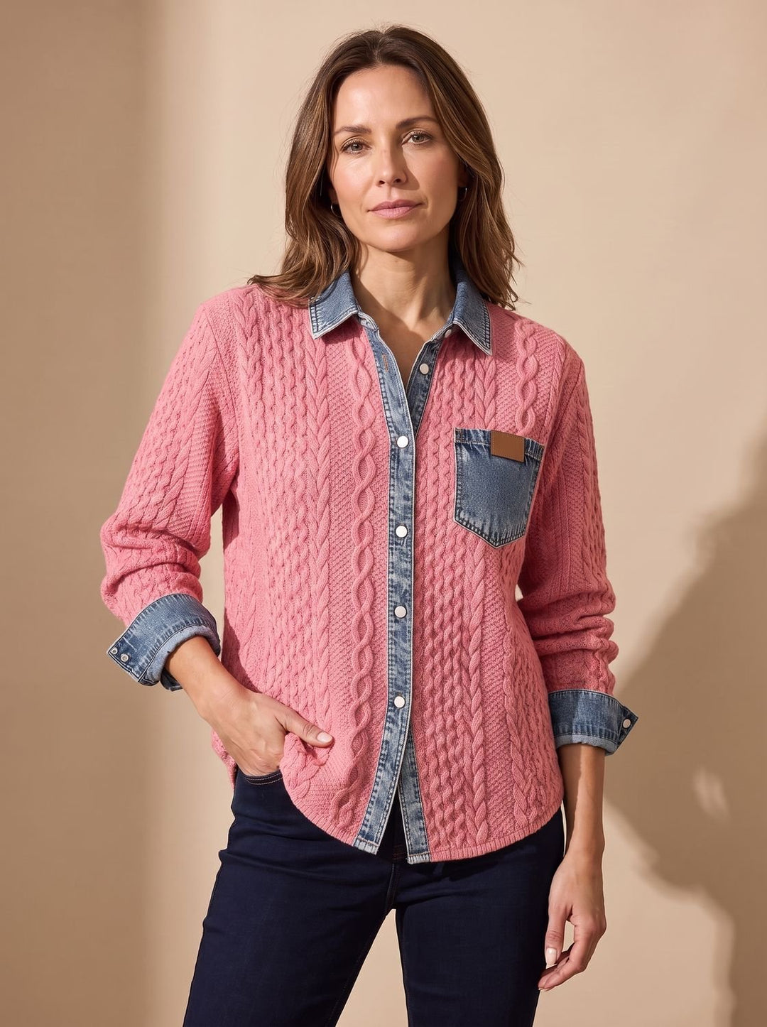 Damen Zopfstrick-Overshirt mit Denim-Kragen und Knopfleiste - Rosa