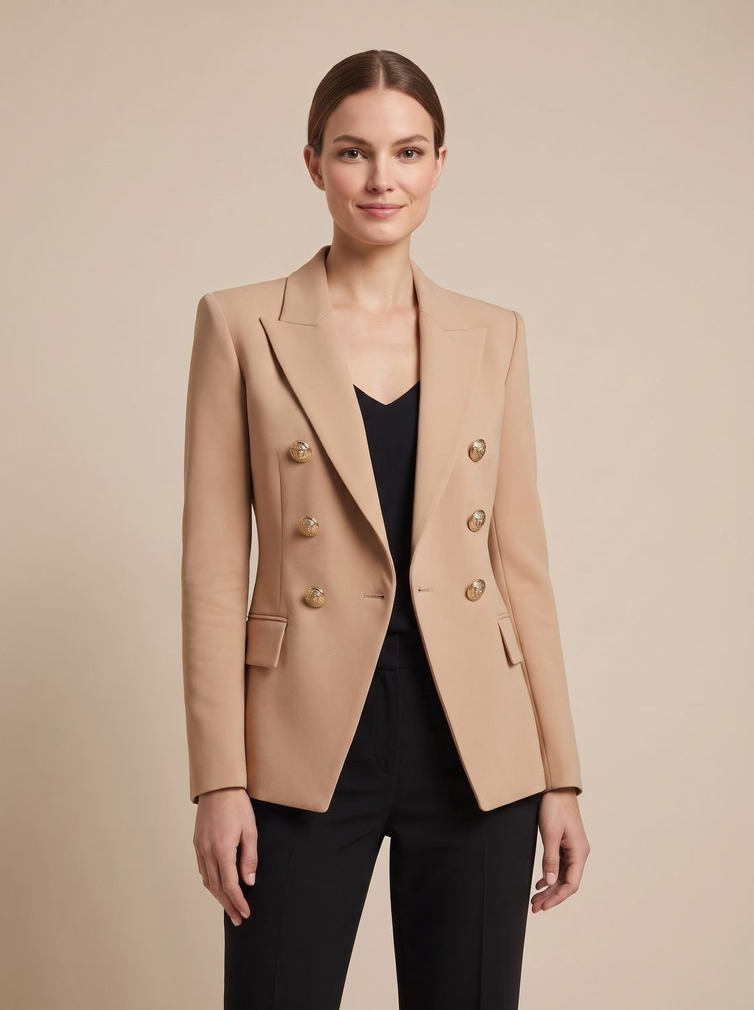 Damen Zweireiher-Blazer mit goldenen Knöpfen tailliert - Khaki