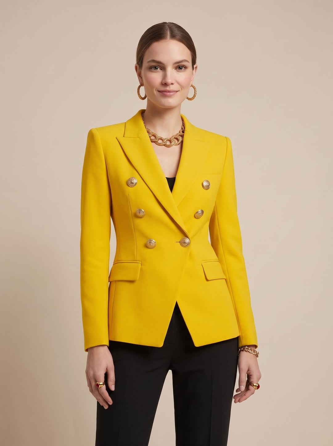 Damen Zweireiher-Blazer mit goldenen Knöpfen tailliert - Gelb