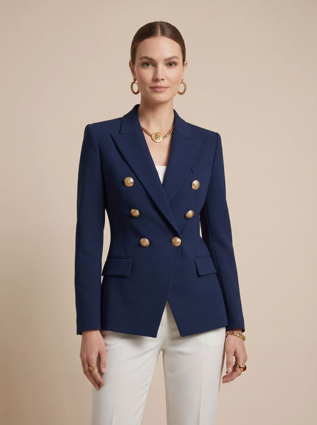 Damen Zweireiher-Blazer mit goldenen Knöpfen tailliert - Schwarz
