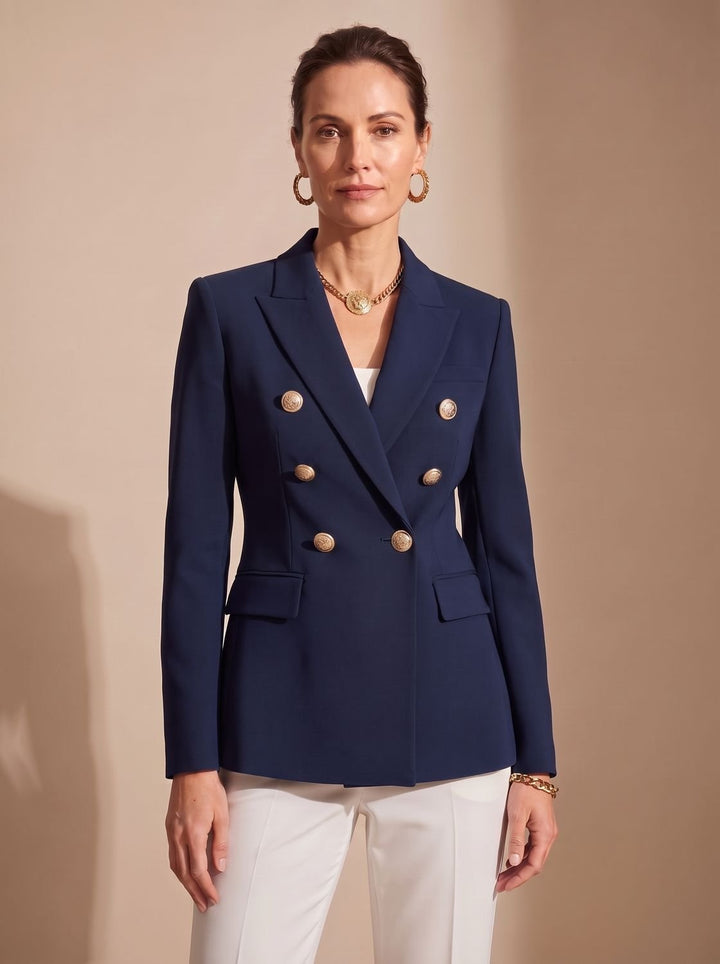 Damen Zweireiher-Blazer Tailliert Goldknöpfe Strukturiert - Schwarz