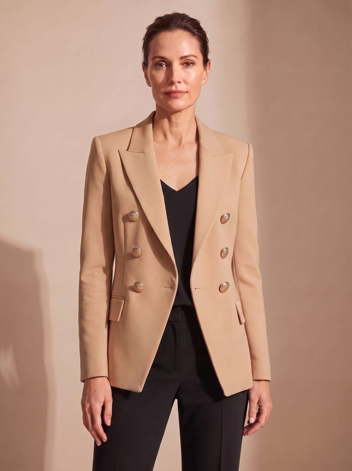 Damen Zweireiher-Blazer Tailliert Goldknöpfe Strukturiert - Khaki