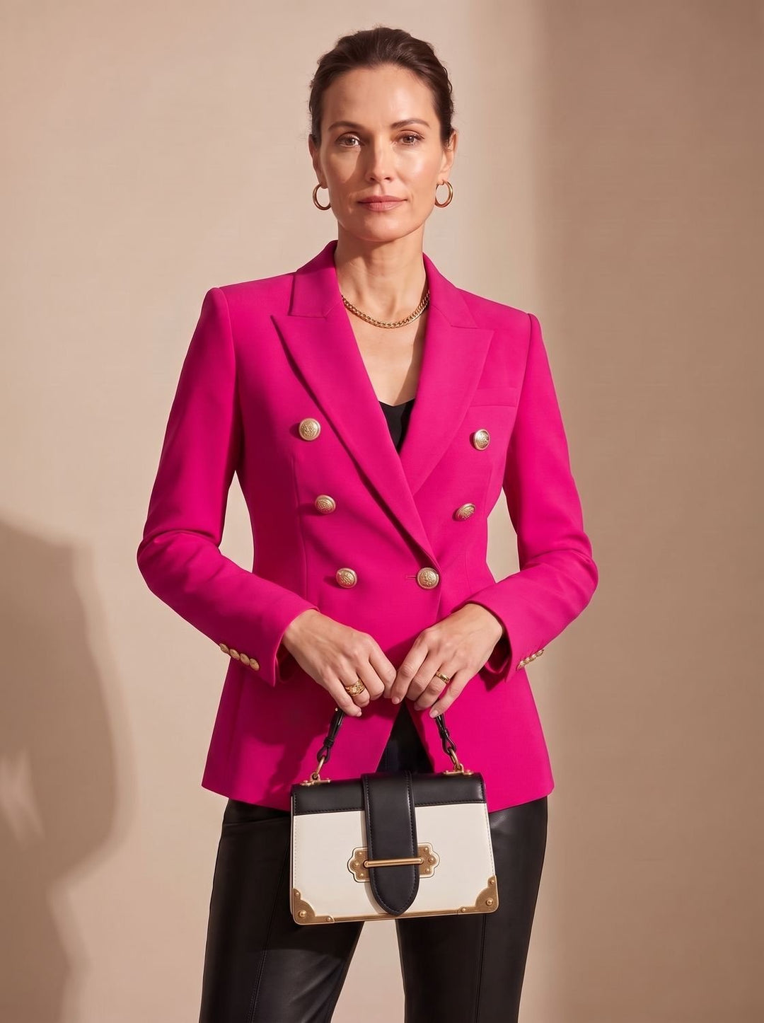 Damen Zweireiher-Blazer Tailliert Goldknöpfe Strukturiert - Rosa