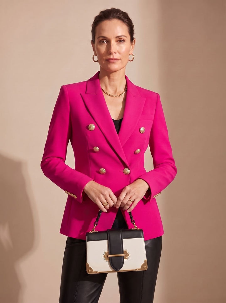 Damen Zweireiher-Blazer Tailliert Goldknöpfe Strukturiert - Rosa