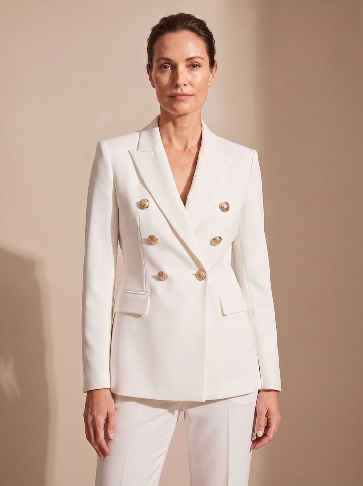 Damen Zweireiher-Blazer Tailliert Goldknöpfe Strukturiert - Weiß
