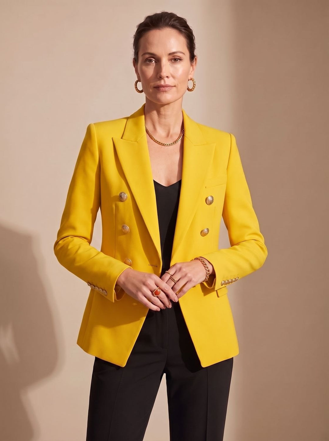Damen Zweireiher-Blazer Tailliert Goldknöpfe Strukturiert - Gelb