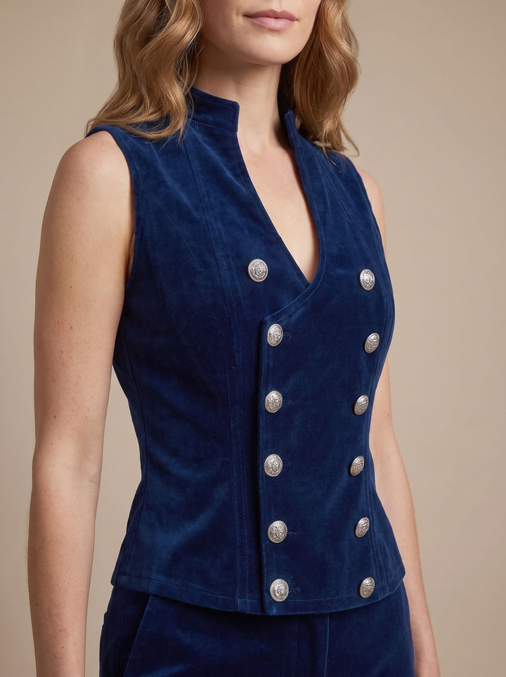 Damen Zweireiher Samt-Weste im Military-Stil tailliert - Blau