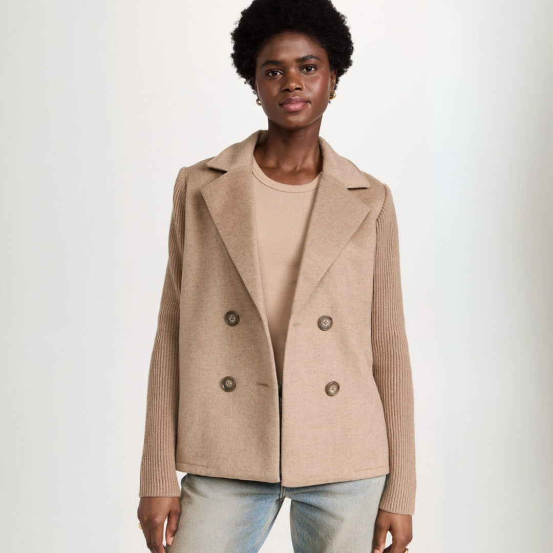 Damen Zweireiher Strickblazer mit Rippärmeln und Wolloptik