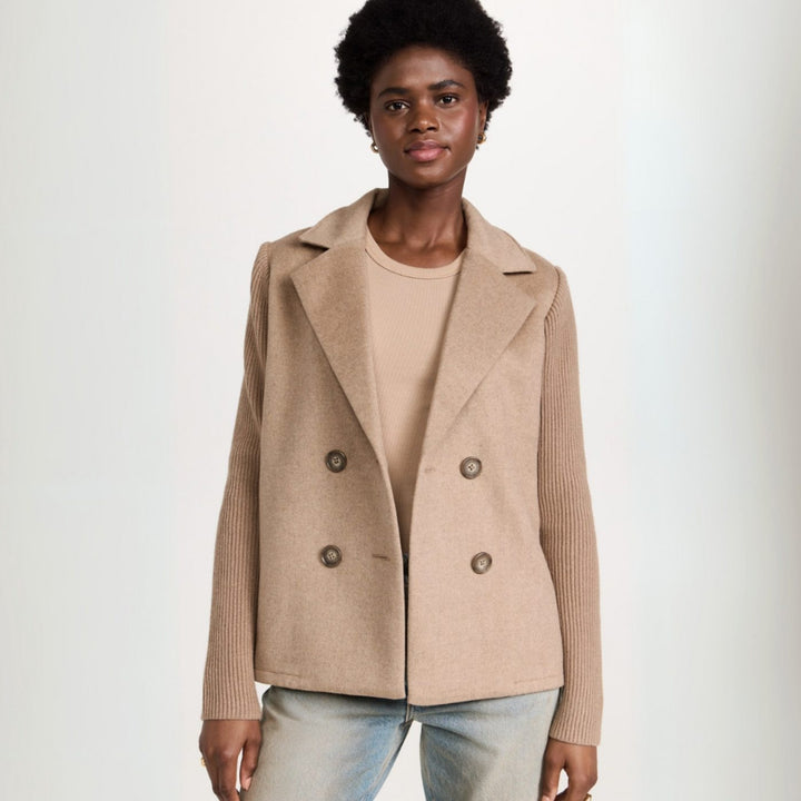 Damen Zweireiher Strickblazer mit Rippärmeln und Wolloptik