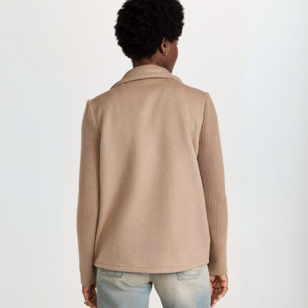 Damen Zweireiher Strickblazer mit Rippärmeln und Wolloptik