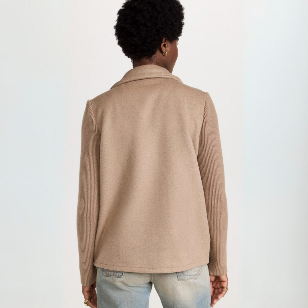 Damen Zweireiher Strickblazer mit Rippärmeln und Wolloptik