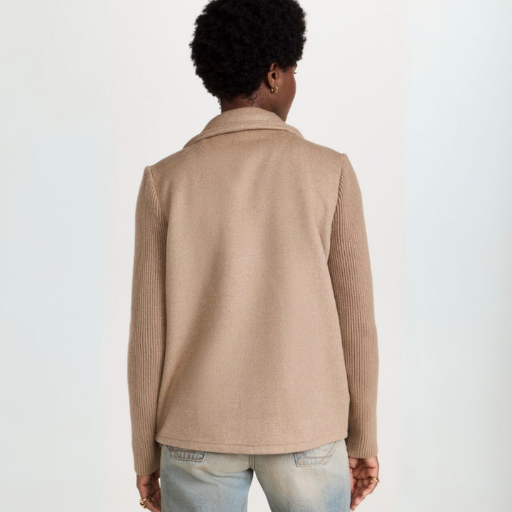 Damen Zweireiher Strickblazer mit Rippärmeln und Wolloptik