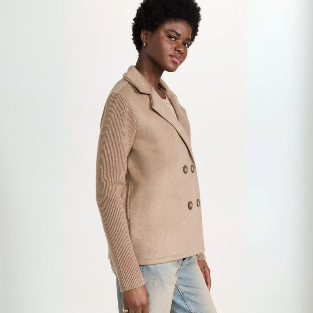 Damen Zweireiher Strickblazer mit Rippärmeln und Wolloptik