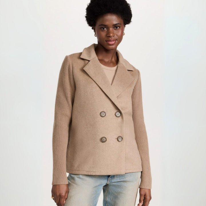 Damen Zweireiher Strickblazer mit Rippärmeln und Wolloptik - Khaki