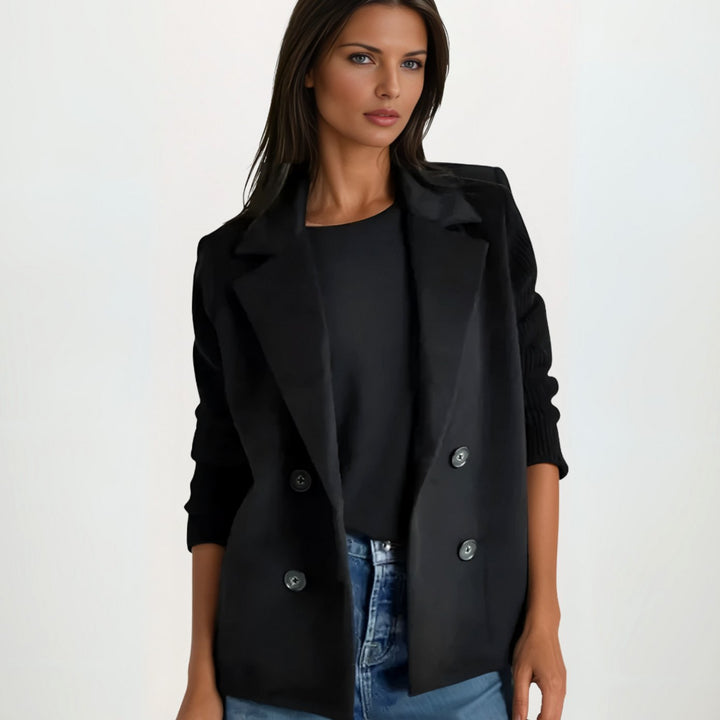 Damen Zweireiher Strickblazer mit Rippärmeln und Wolloptik - Schwarz
