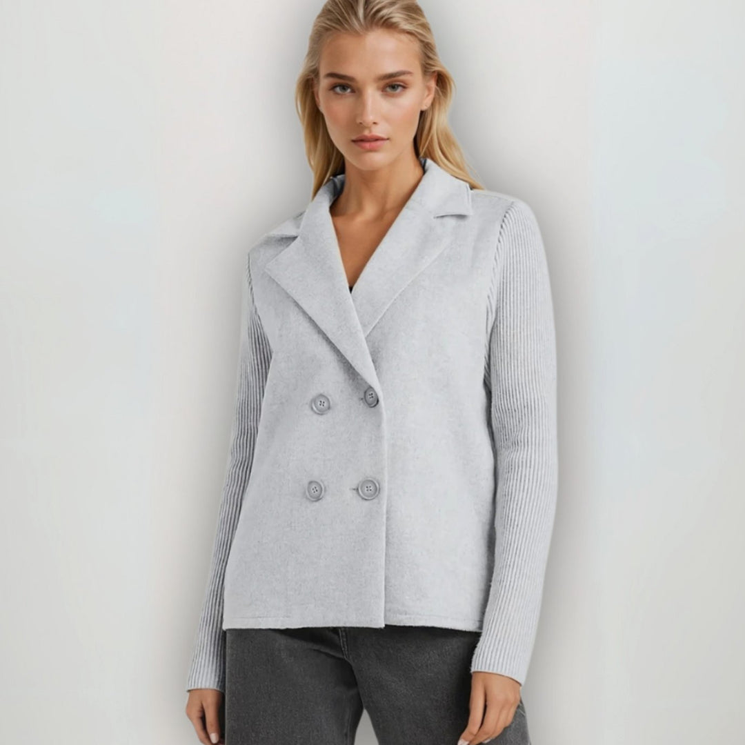 Damen Zweireiher Strickblazer mit Rippärmeln und Wolloptik - Grau