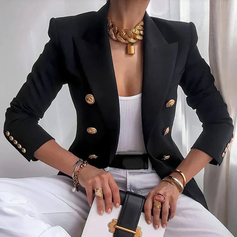 Damen Zweireihiger Blazer Goldknöpfe Strukturierte Schultern - Black