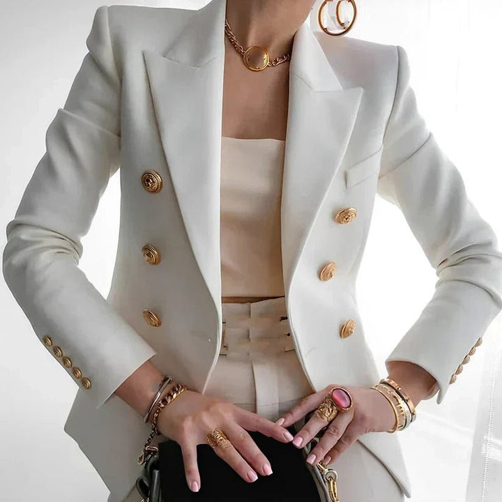 Damen Zweireihiger Blazer Goldknöpfe Strukturierte Schultern - White