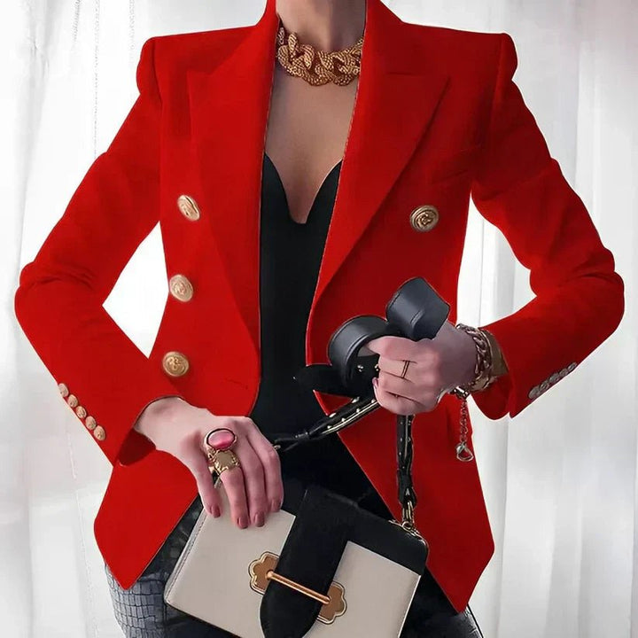 Damen Zweireihiger Blazer Goldknöpfe Strukturierte Schultern - Red