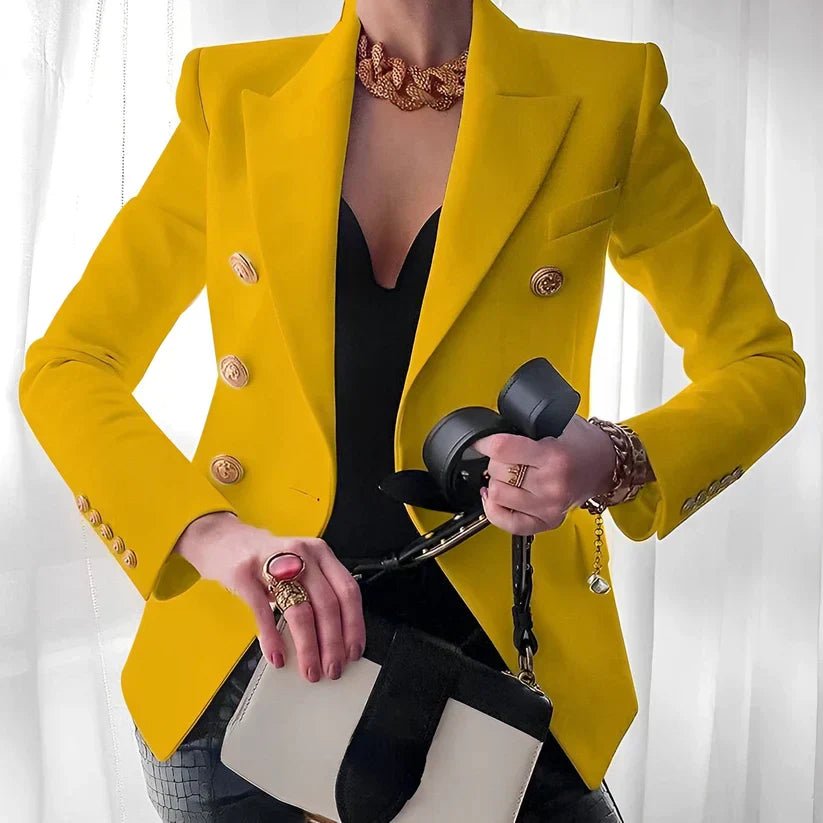 Damen Zweireihiger Blazer Goldknöpfe Strukturierte Schultern - Yellow