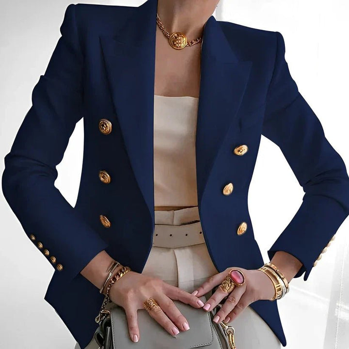 Damen Zweireihiger Blazer Goldknöpfe Strukturierte Schultern - Navy Blue