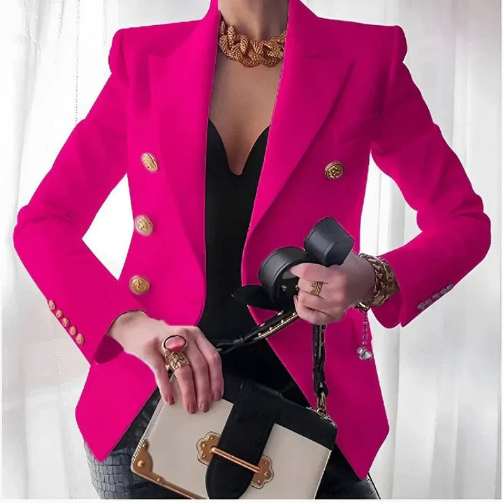 Damen Zweireihiger Blazer Goldknöpfe Strukturierte Schultern - Pink
