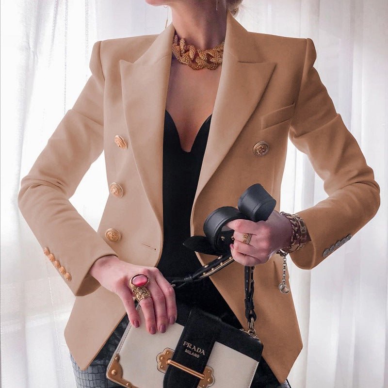 Damen Zweireihiger Blazer Goldknöpfe Strukturierte Schultern - Beige