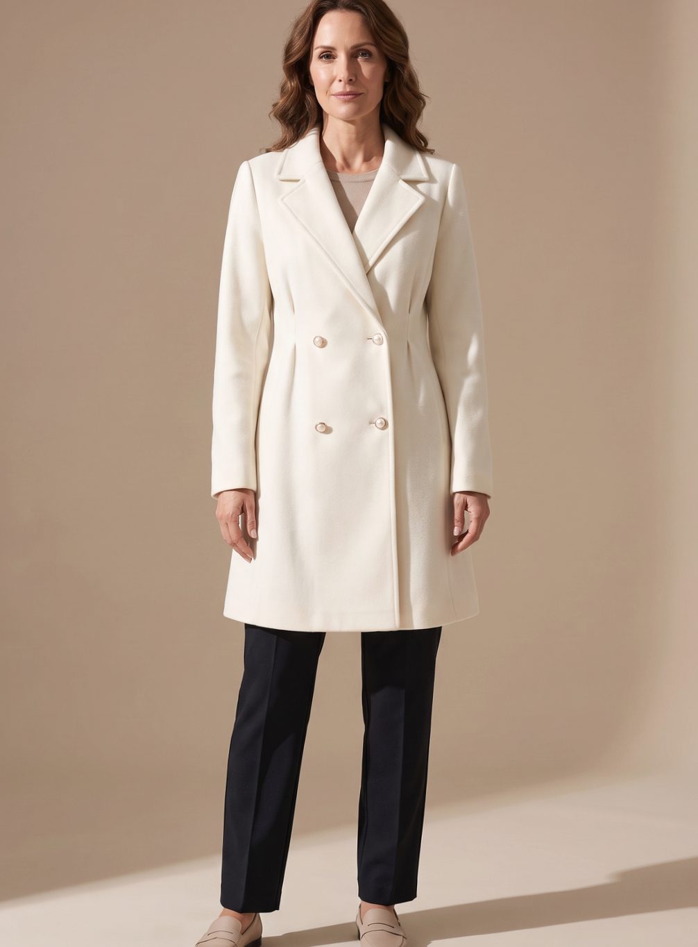 Damen Zweireihiger Knielanges A-Linien Wollmantel - Beige