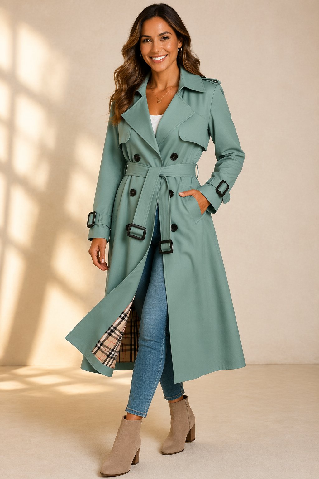 Damen Zweireihiger Langer Trenchcoat Taillengürtel - Green