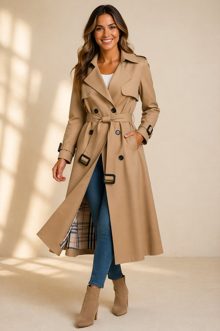 Damen Zweireihiger Langer Trenchcoat Taillengürtel - Beige