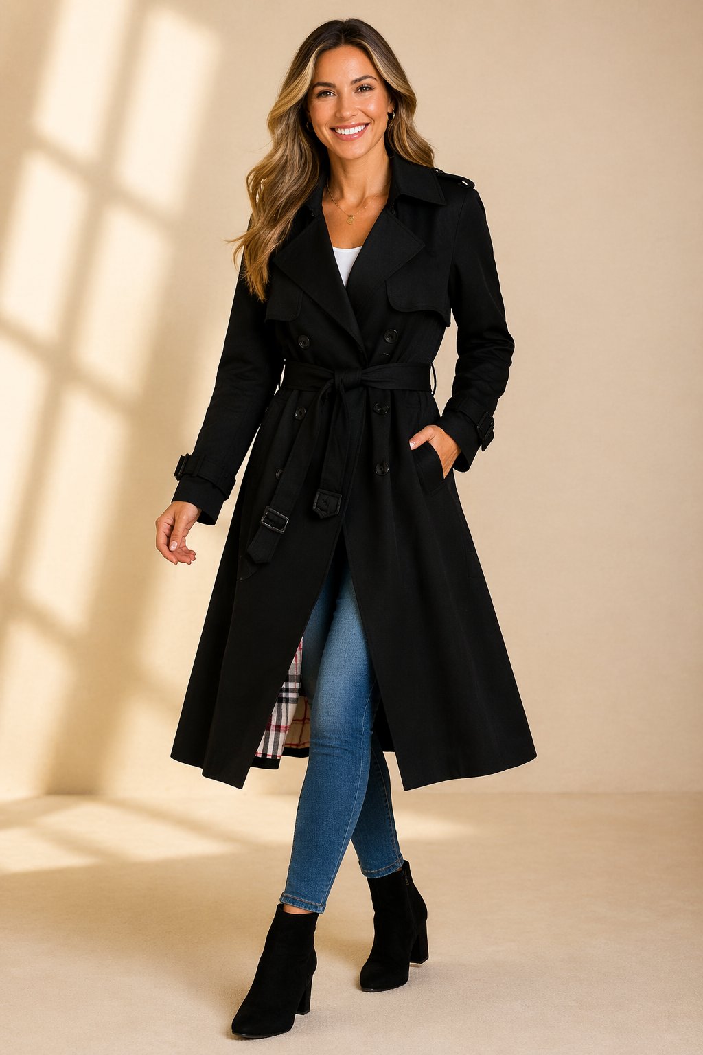 Damen Zweireihiger Langer Trenchcoat Taillengürtel - Black