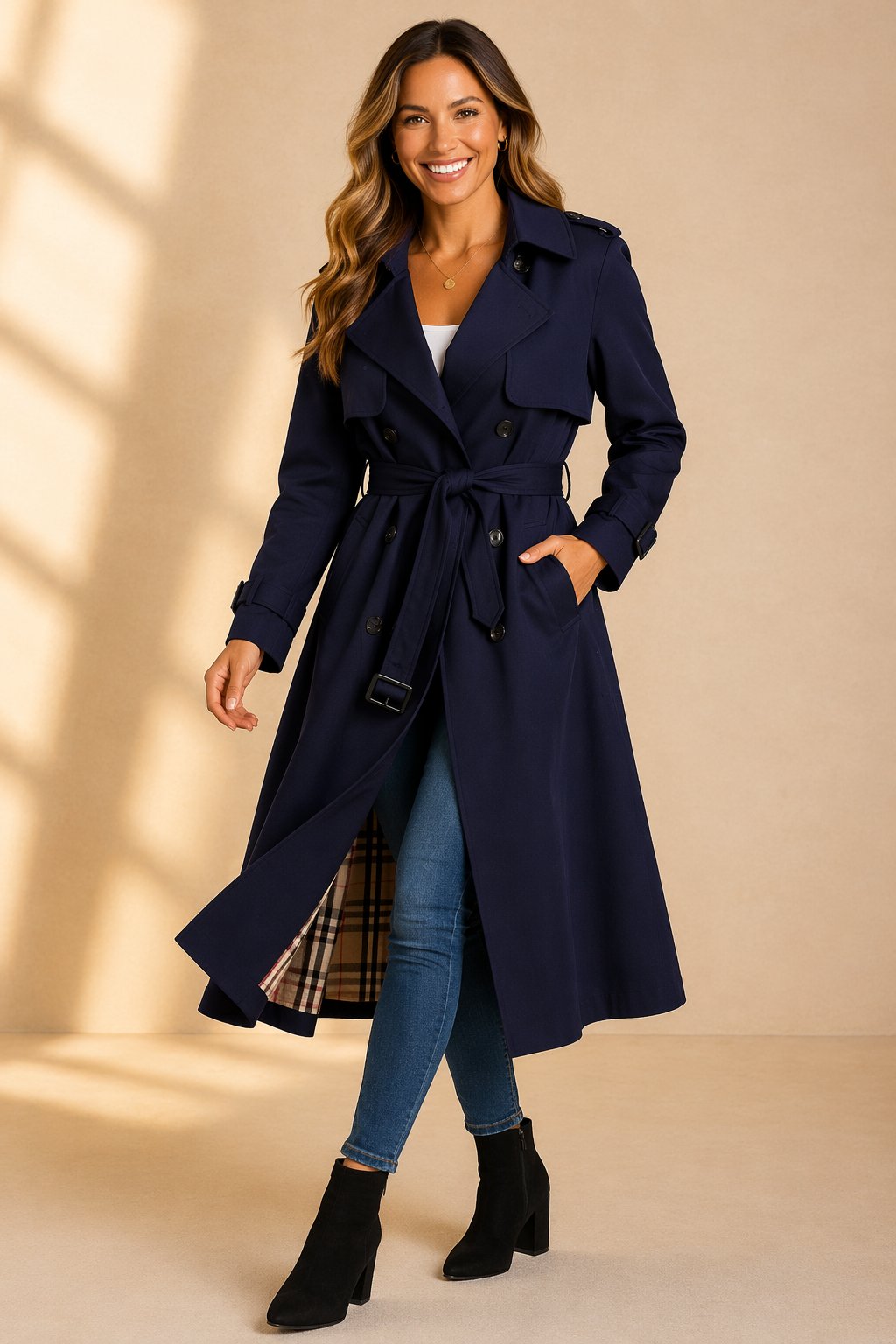 Damen Zweireihiger Langer Trenchcoat Taillengürtel - Navy