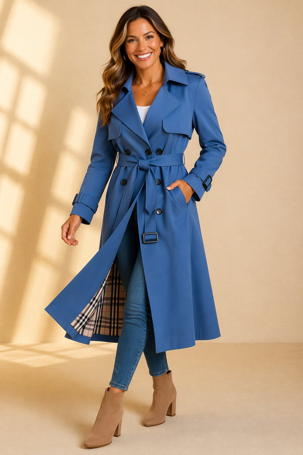 Damen Zweireihiger Langer Trenchcoat Taillengürtel - Blue